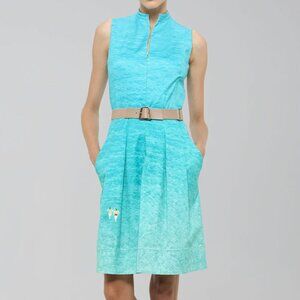 Akris Swimmer in Antigua Print Pleated Dress Cotton Ocean Water Aqua Blue Belt 8